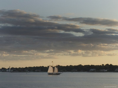 Schooner Mystic Whaler Sailing Up Thames River Past New London Light, Groton, Connecticut